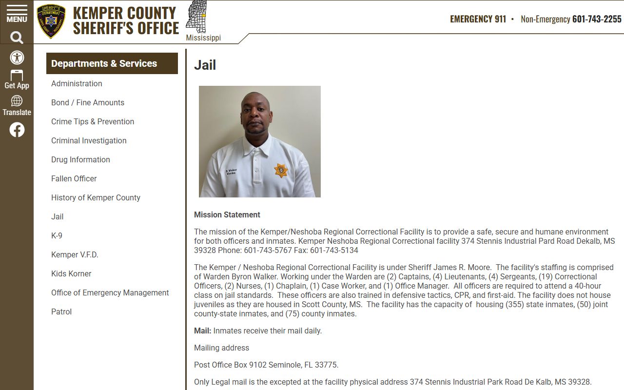 Kemper County sheriff jail page for Kemper/Neshoba Regional facility