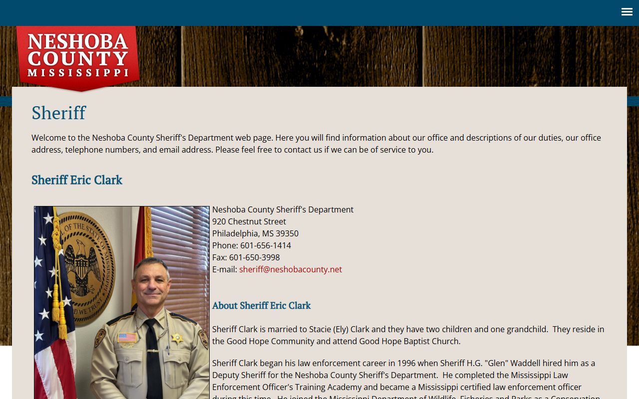 Neshoba County sheriff page showing Law Enforcement Center jail details
